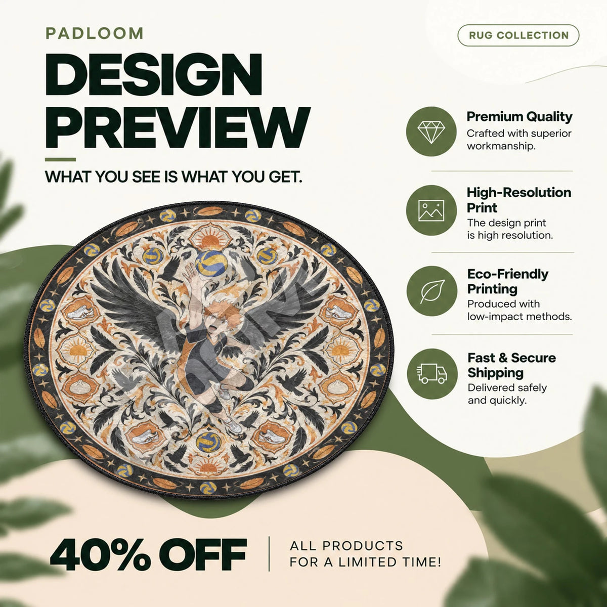 Hinata Leaping Haikyuu round rug full design preview