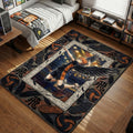 Haikyuu rug featuring Hinata Shoyo jumping with black crow wings, surrounded by volleyballs and Japanese kanji for fly, orange and black gaming chair mat.