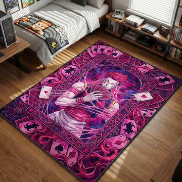 Hisoka Morow holding poker cards surrounded by pink Bungee Gum strands and spider web motifs on a purple anime rug.