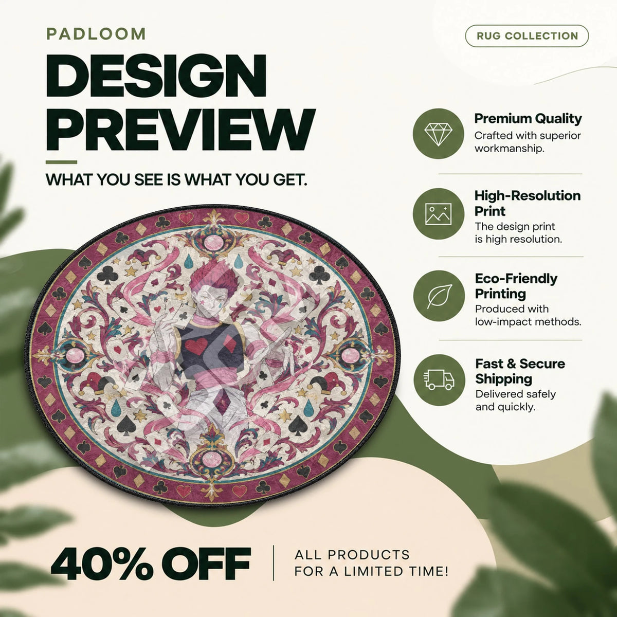 Hisoka Dealing Hunter x Hunter round rug full design preview