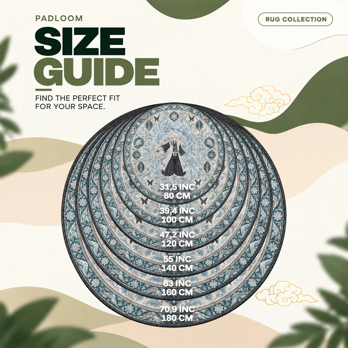 Hitsugaya Frost round rug size guide, 80 to 180 cm (31.5 to 70.9 in)