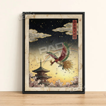 Ho-Oh Sakura Pokemon poster - framed canvas wall art in a black frame