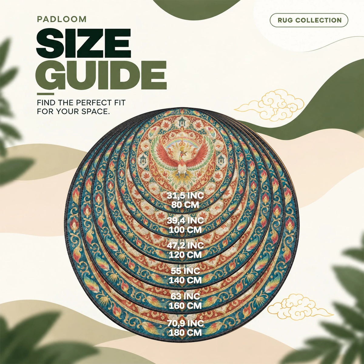 Ho-Oh Soaring round rug size guide, 80 to 180 cm (31.5 to 70.9 in)