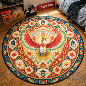 Ho-Oh Soaring Pokemon round rug on a bedroom floor - Pokemon chair mat