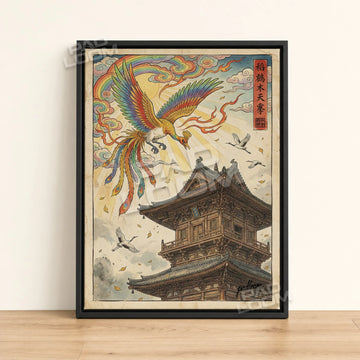 Ho-Oh Sunburst Pokemon poster - framed canvas wall art in a black frame