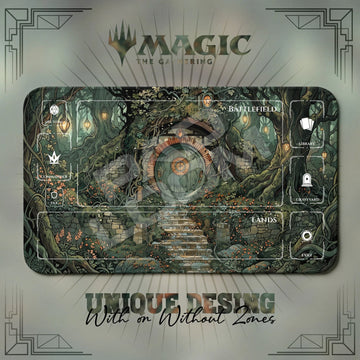 Hobbit Hole Lantern MTG playmat, green and yellow art with play zones, 24 x 14 in
