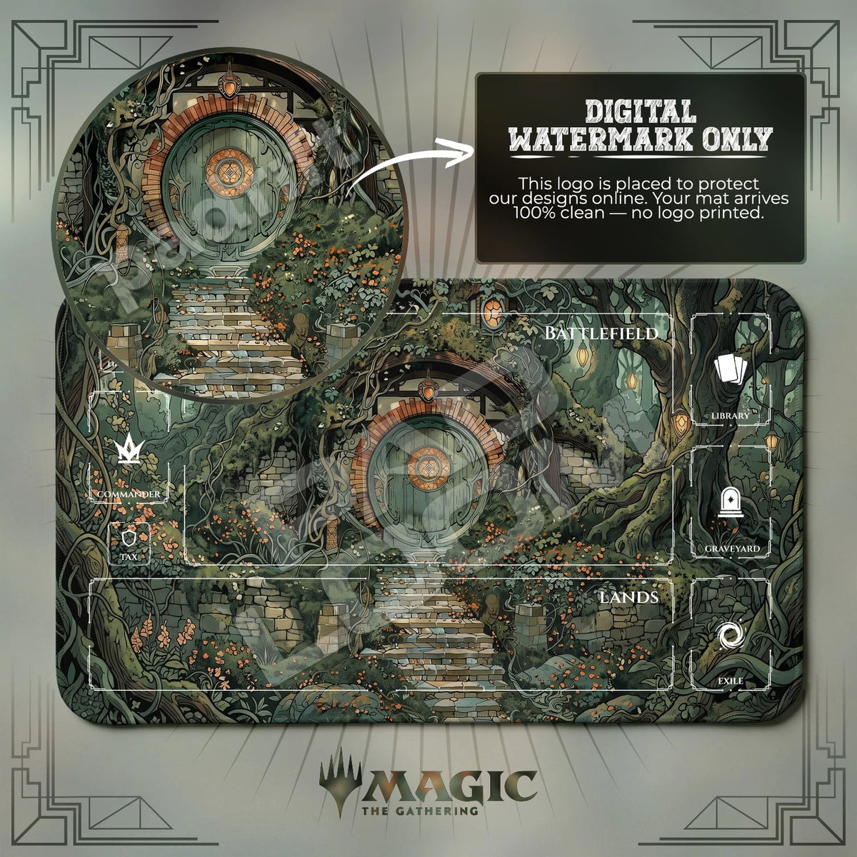 Hobbit Hole Lantern MTG playmat with zones; the Padloom watermark is digital only, not printed