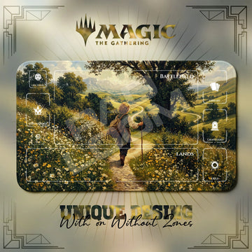 Hobbit Road MTG playmat, yellow and gold art with play zones, 24 x 14 in