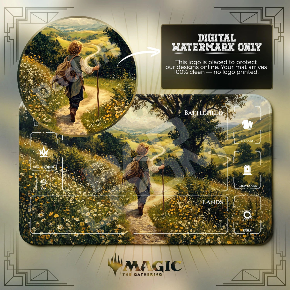 Hobbit Road MTG playmat with zones; the Padloom watermark is digital only, not printed