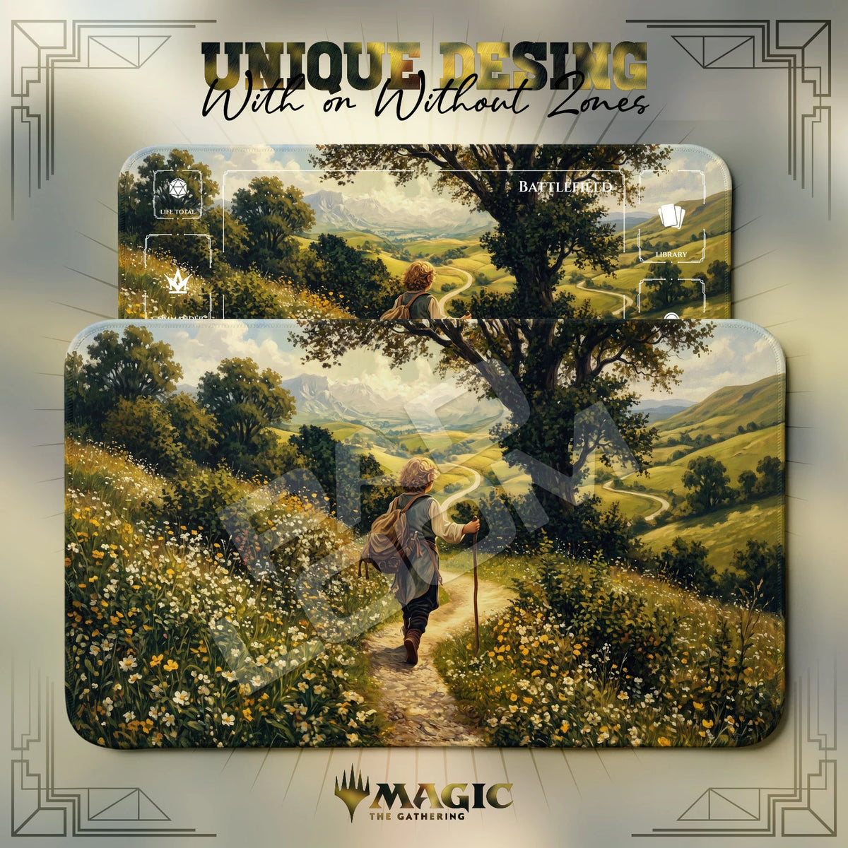 Hobbit Road MTG playmat shown with zones and without zones