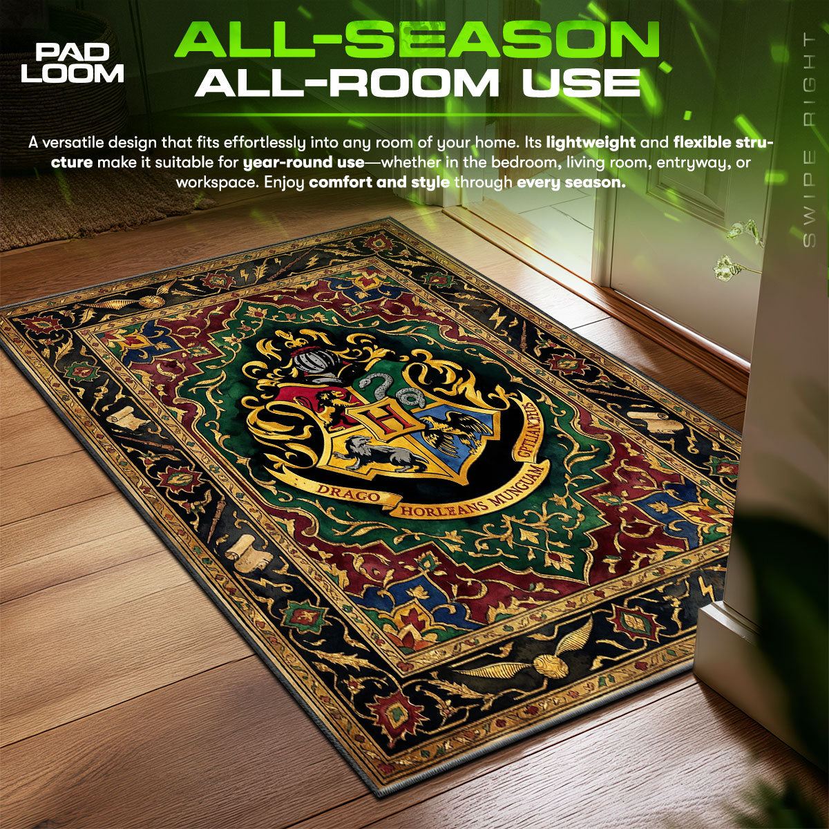 Hogwarts Crest Dark Tapestry Harry Potter Room fan rug — premium quality print