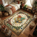 Hogwarts four house crest with wands and stars vintage watercolor art style movie themed area rug and home theater mat