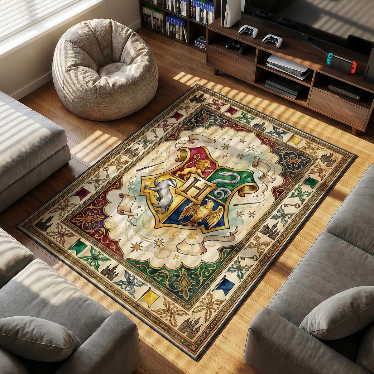Hogwarts Crest themed area rug for home decor fans