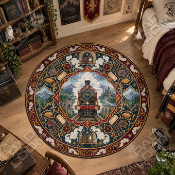 Hogwarts Express Viaduct Harry Potter round rug on a bedroom floor - Harry Potter chair mat