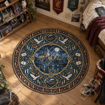 Hogwarts Moonlit Harry Potter round rug on a bedroom floor - Harry Potter chair mat