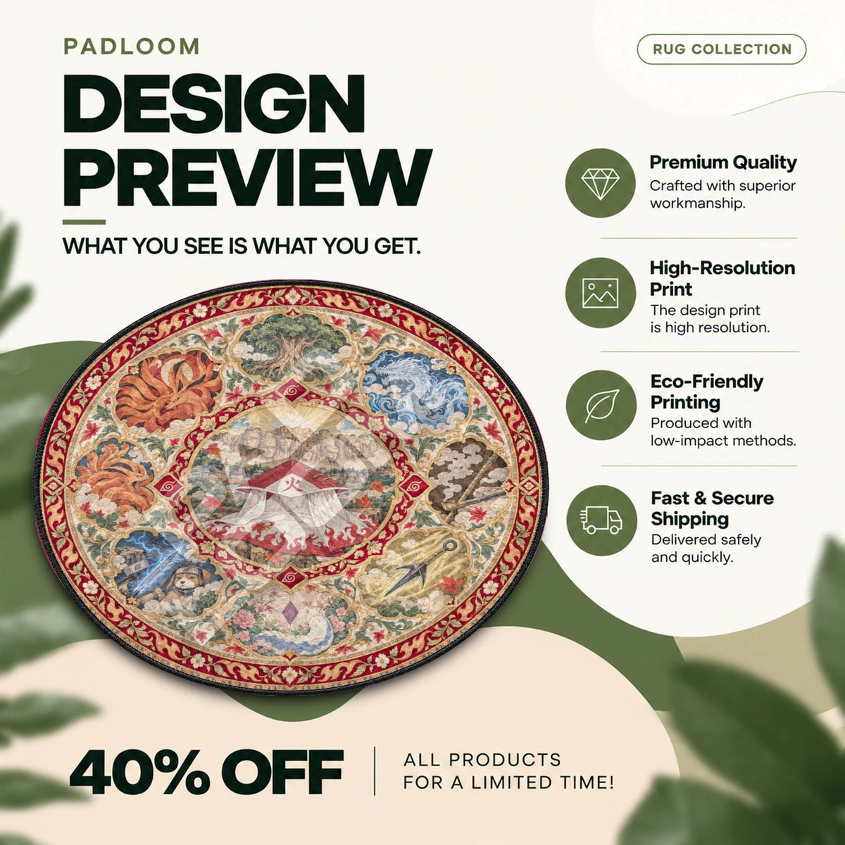 Hokage Medallion Naruto round rug full design preview