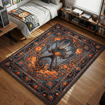 The Hollow Knight boss bound by chains and orange infection blobs in a gothic frame watercolor style gaming area rug and floor mat