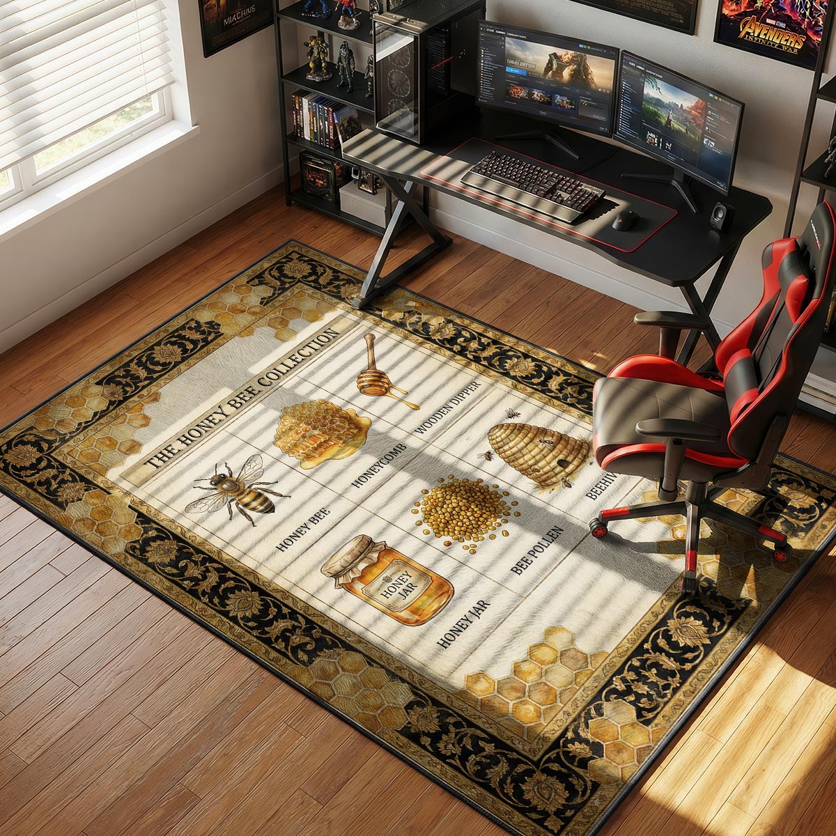 Honey bee kitchen rug on dark hardwood floor near a jar of honey and warm ambient lighting
