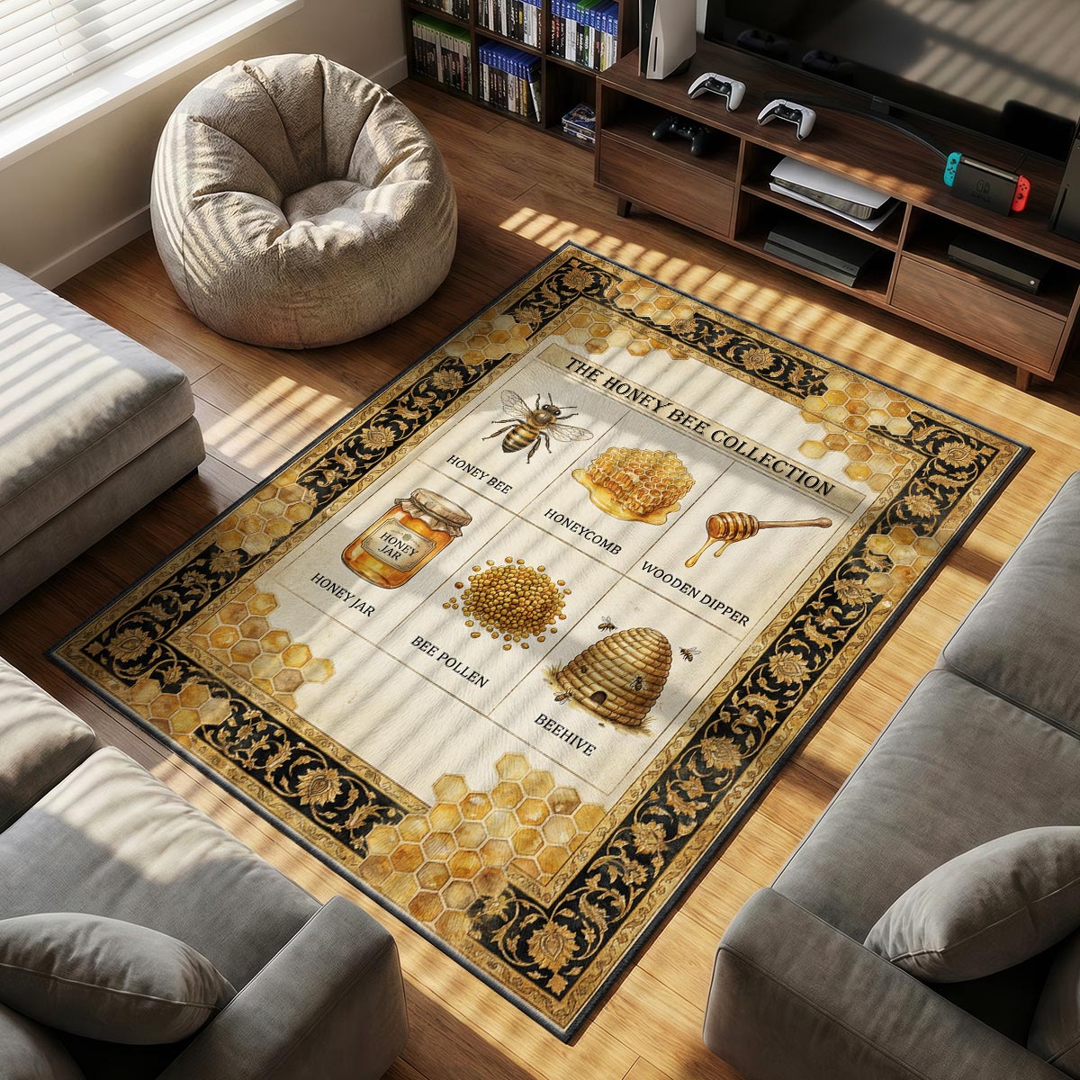 Close-up of honey bee mat showing detailed bee wing illustration and golden honeycomb print quality