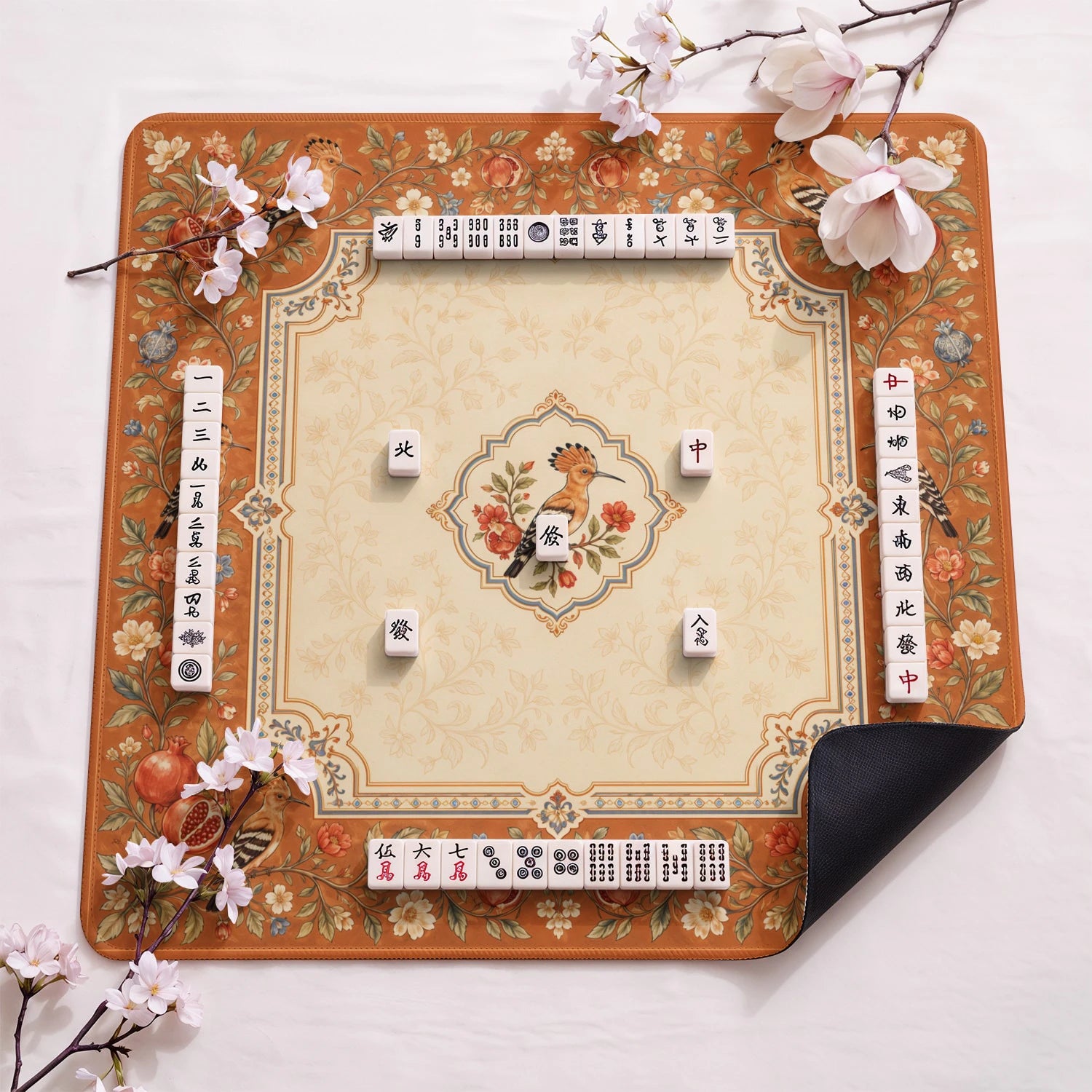 Hoopoe Pomegranate design close-up on mahjong mat surface