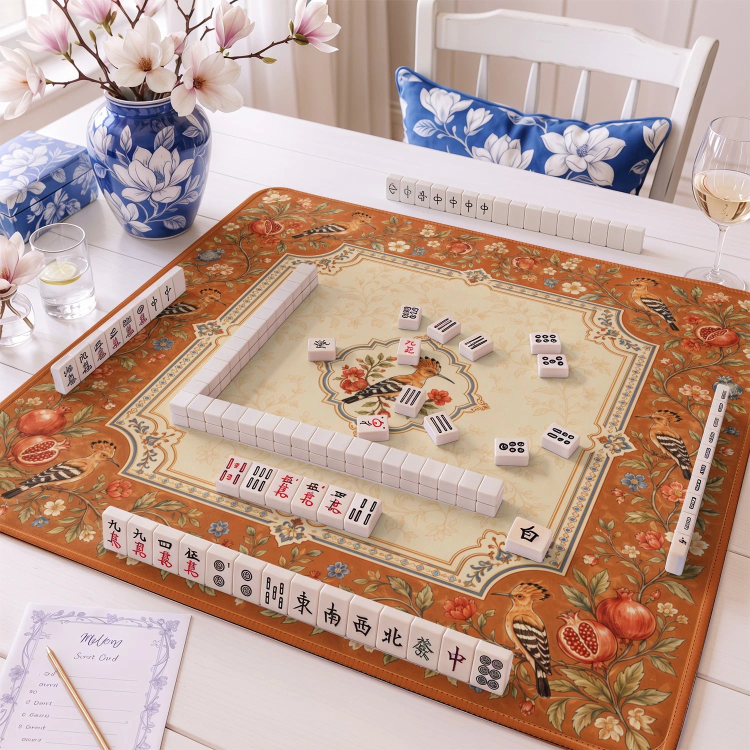 Hoopoe Pomegranate mahjong mat – M (60x60 cm) and L (81x81 cm) sizes