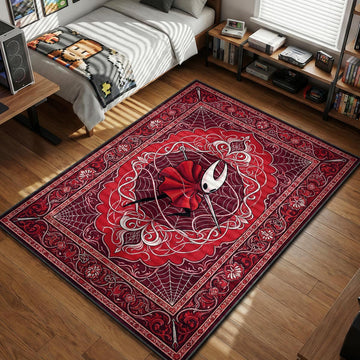 Hornet wielding her needle amidst red spider webs and gothic floral patterns watercolor style gaming area rug and floor mat