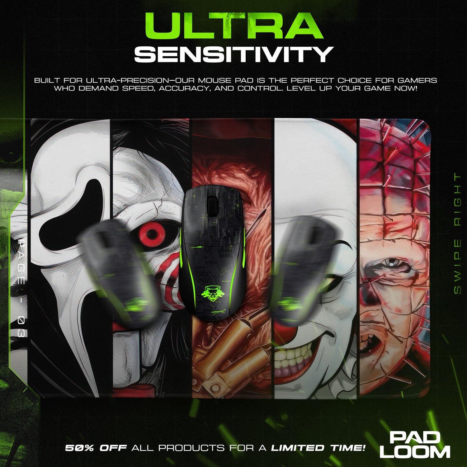 Horror Icons Face Lineup Mouse Pad, Gamer Desk Mat Padloom
