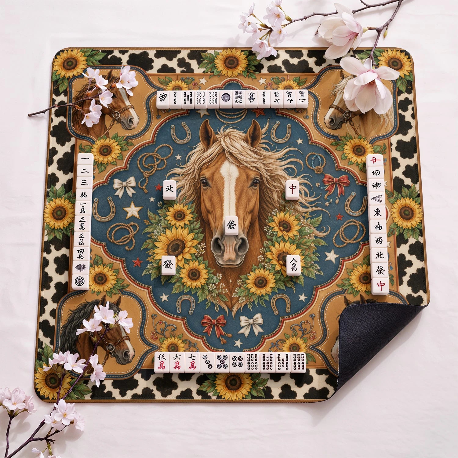 Horse Sunflower design close-up on mahjong mat surface