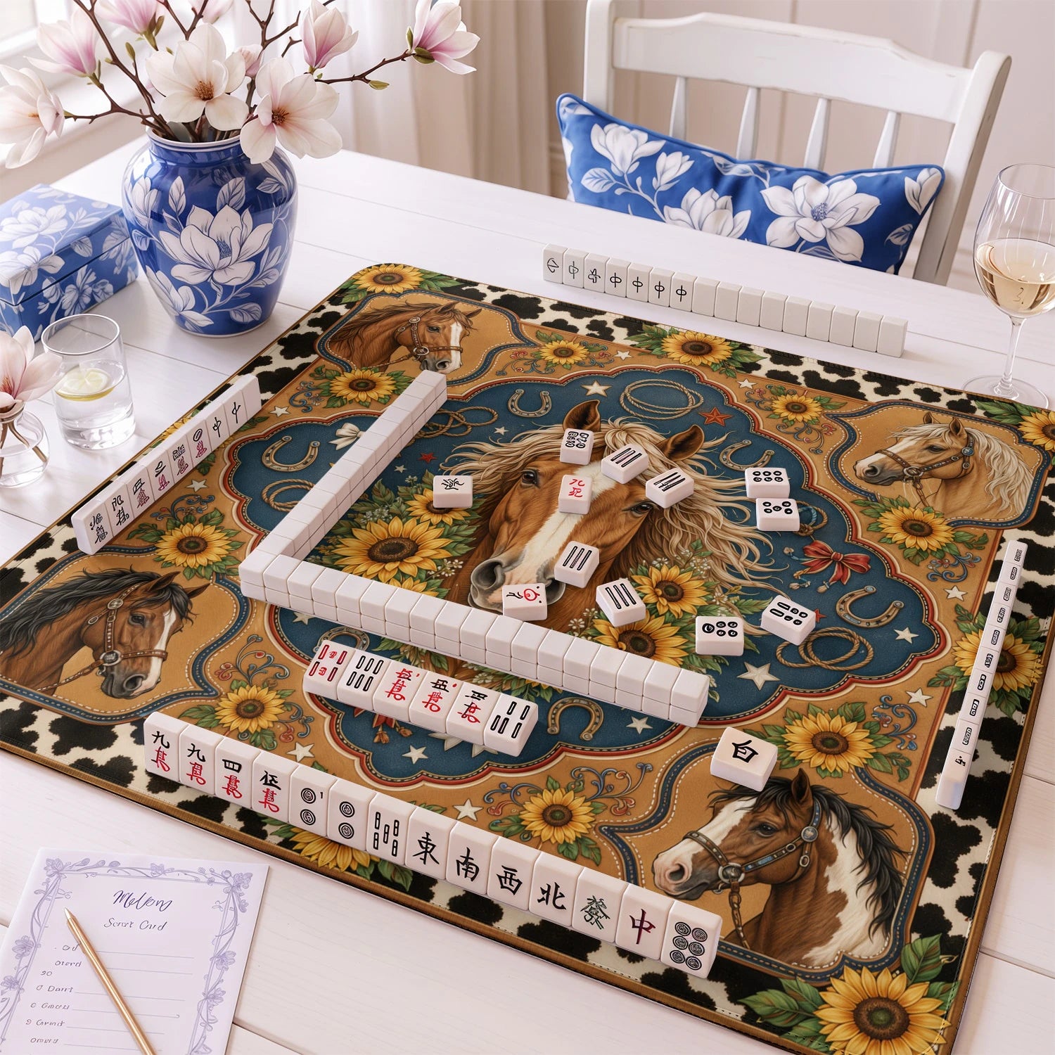 Horse Sunflower mahjong mat – M (60x60 cm) and L (81x81 cm) sizes