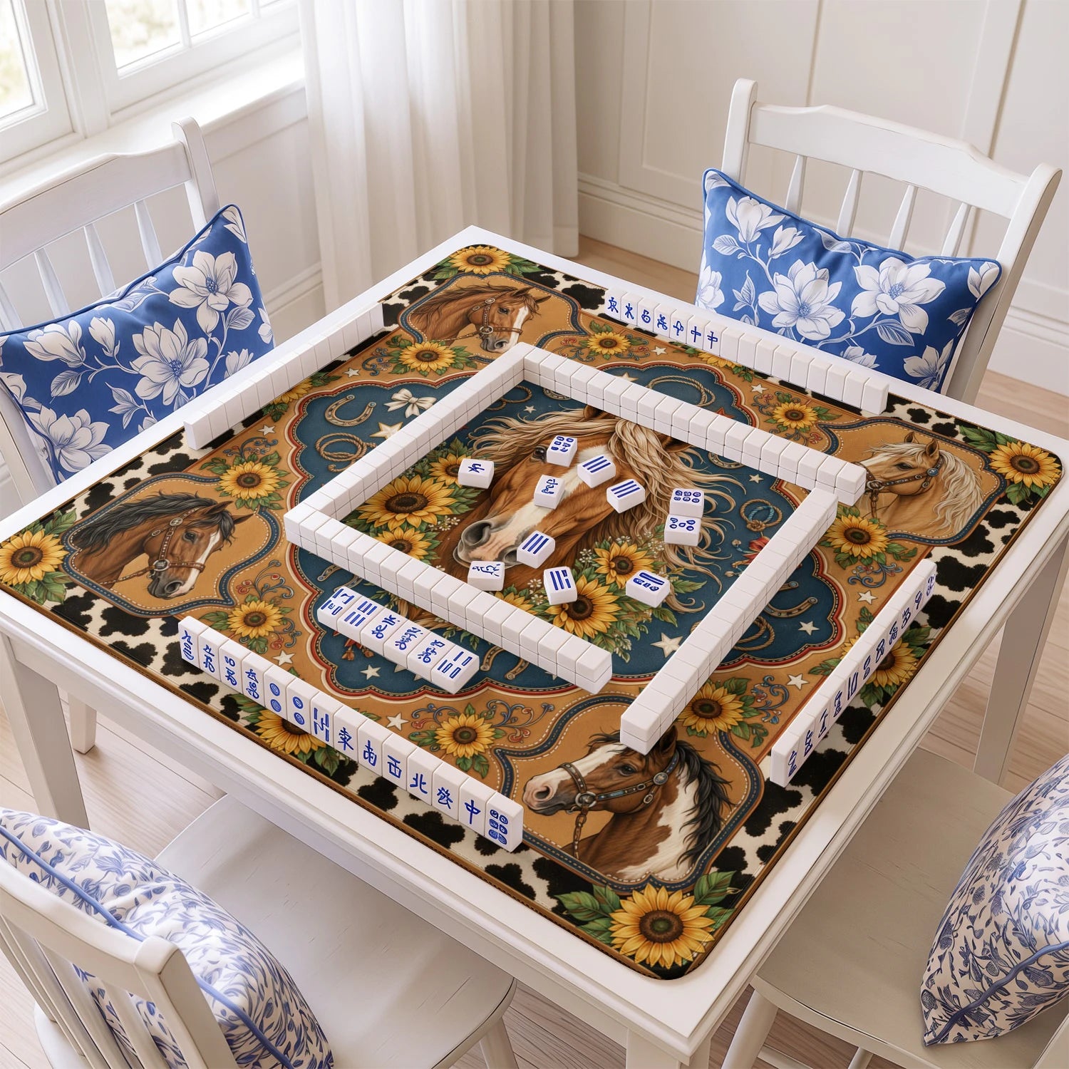 Horse Sunflower mahjong mat with tiles and racks on the table