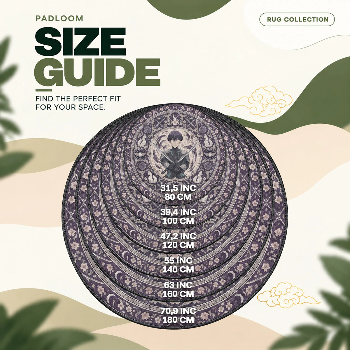 Hoshina Crossed round rug size guide, 80 to 180 cm (31.5 to 70.9 in)