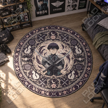 Hoshina Crossed Kaiju No. 8 round rug on a bedroom floor - Kaiju No. 8 chair mat
