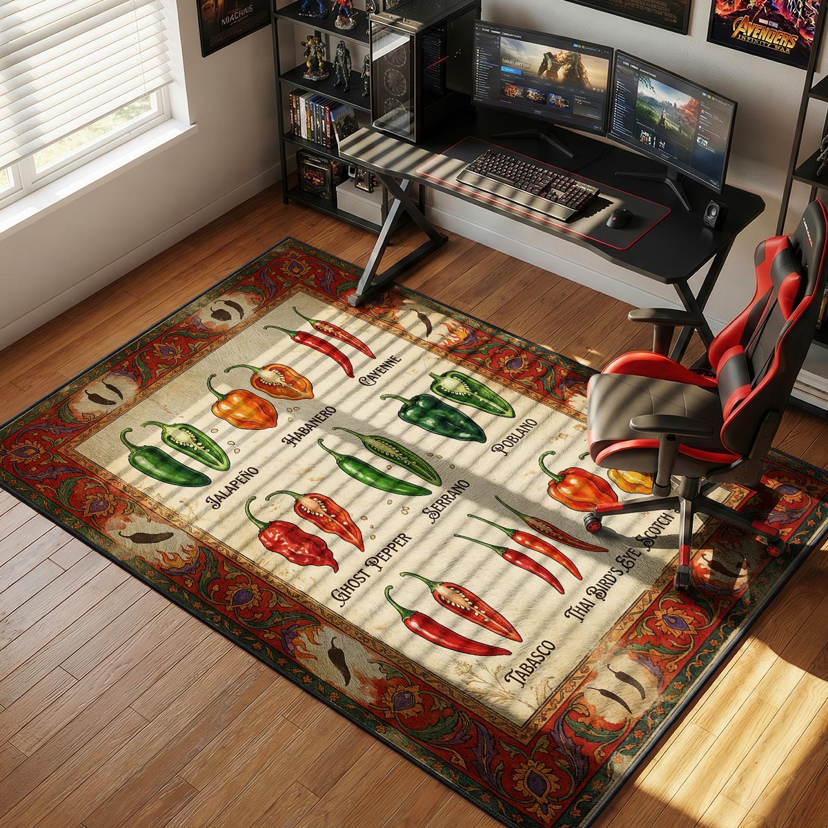 Hot pepper kitchen rug on terracotta tile floor near a mortar and pestle and dried chili ristras