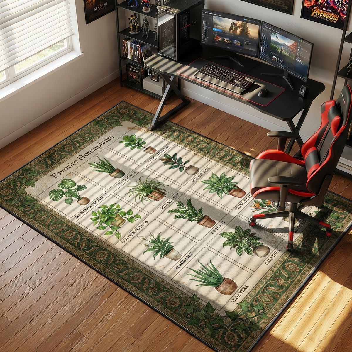 Houseplant botanical kitchen rug placed on hardwood floor near potted plants and a window