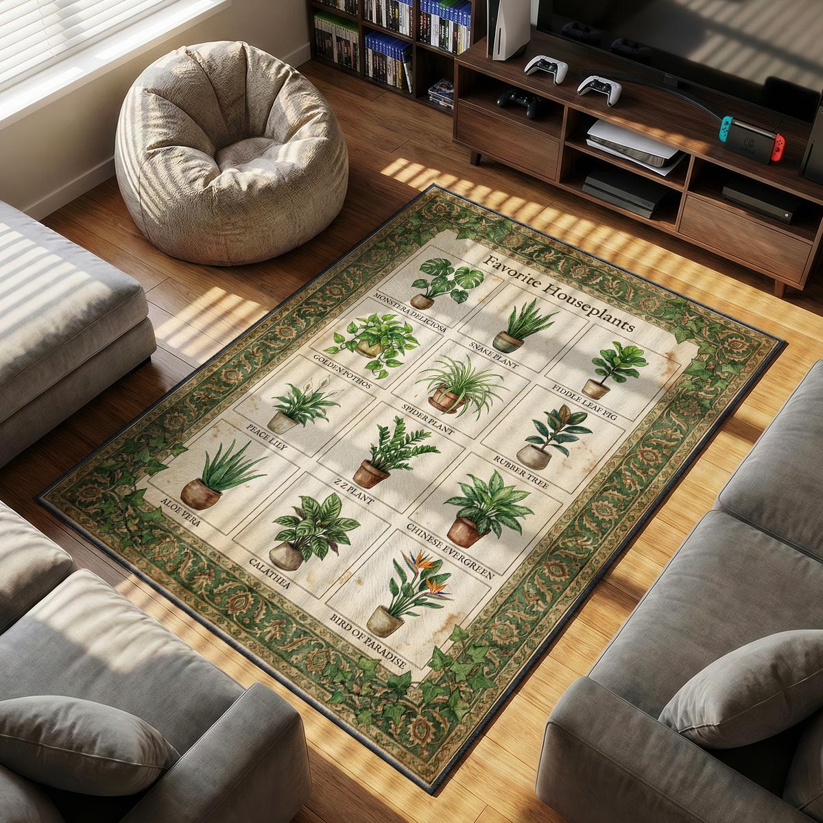 Close-up of houseplant floor mat showing detailed monstera leaf illustration and plush fiber texture