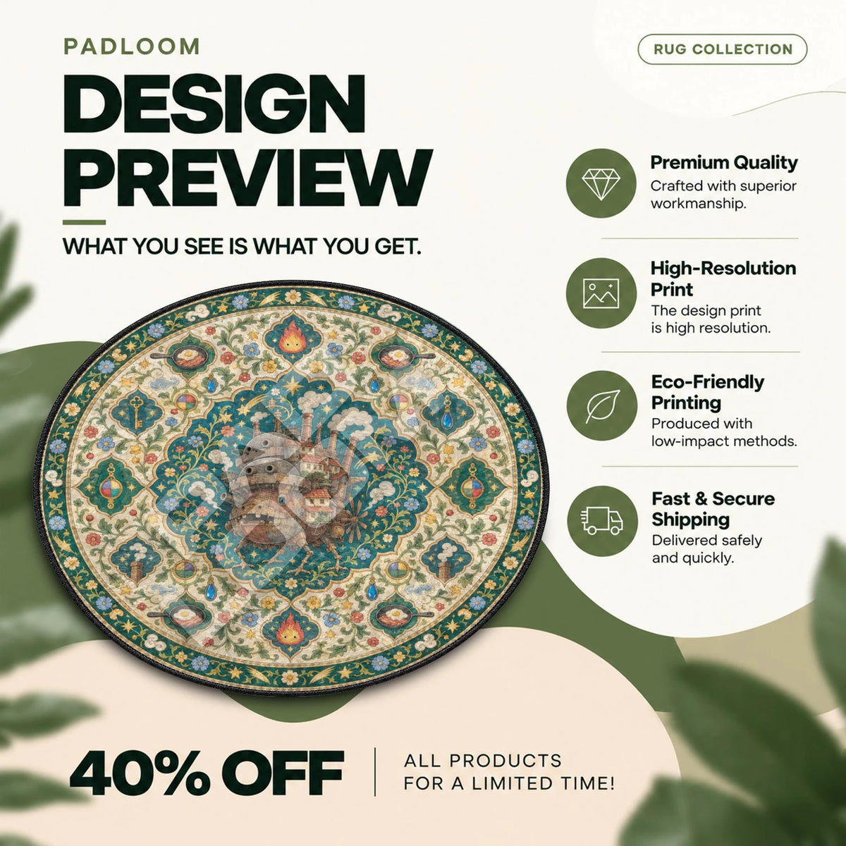 Howl's Castle Medallion Studio Ghibli round rug full design preview