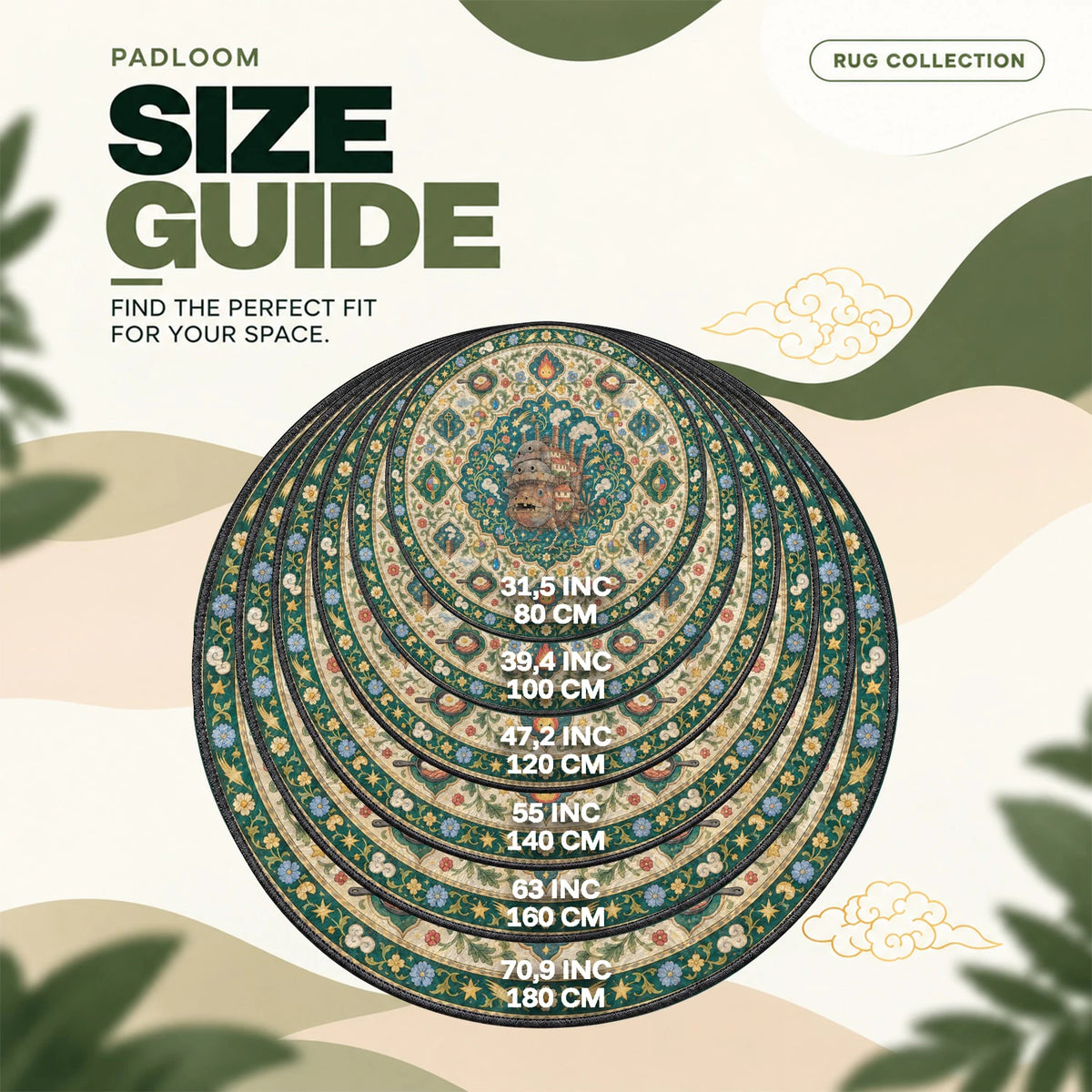 Howl's Castle Medallion round rug size guide, 80 to 180 cm (31.5 to 70.9 in)