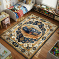 Hudson Hornet McQueen Cars kids area rug with racing labels on navy cream tapestry