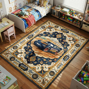 Hudson Hornet McQueen Cars kids area rug with racing labels on navy cream tapestry