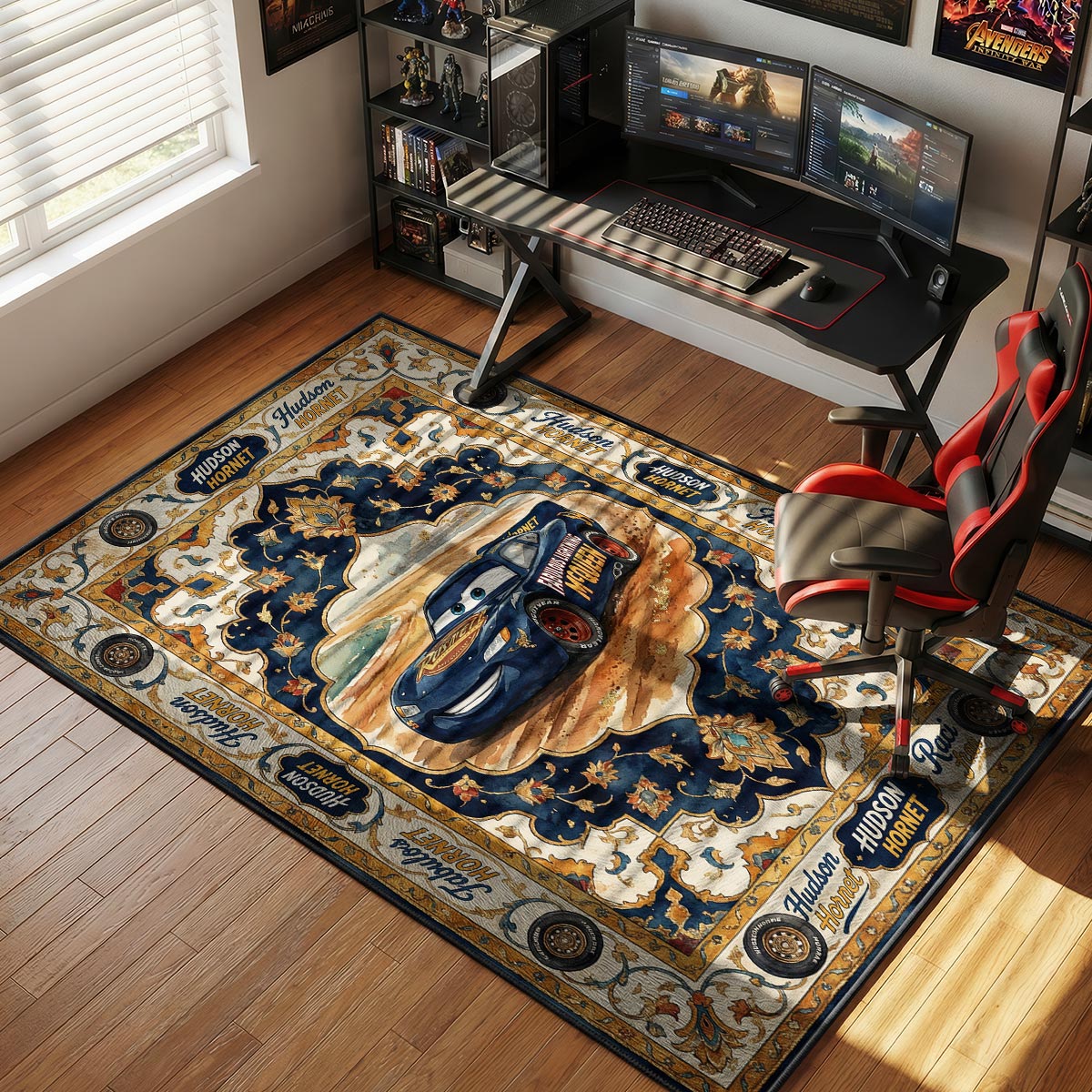 Hudson Hornet McQueen rug in a boy's bedroom with navy accent wall and vintage car models