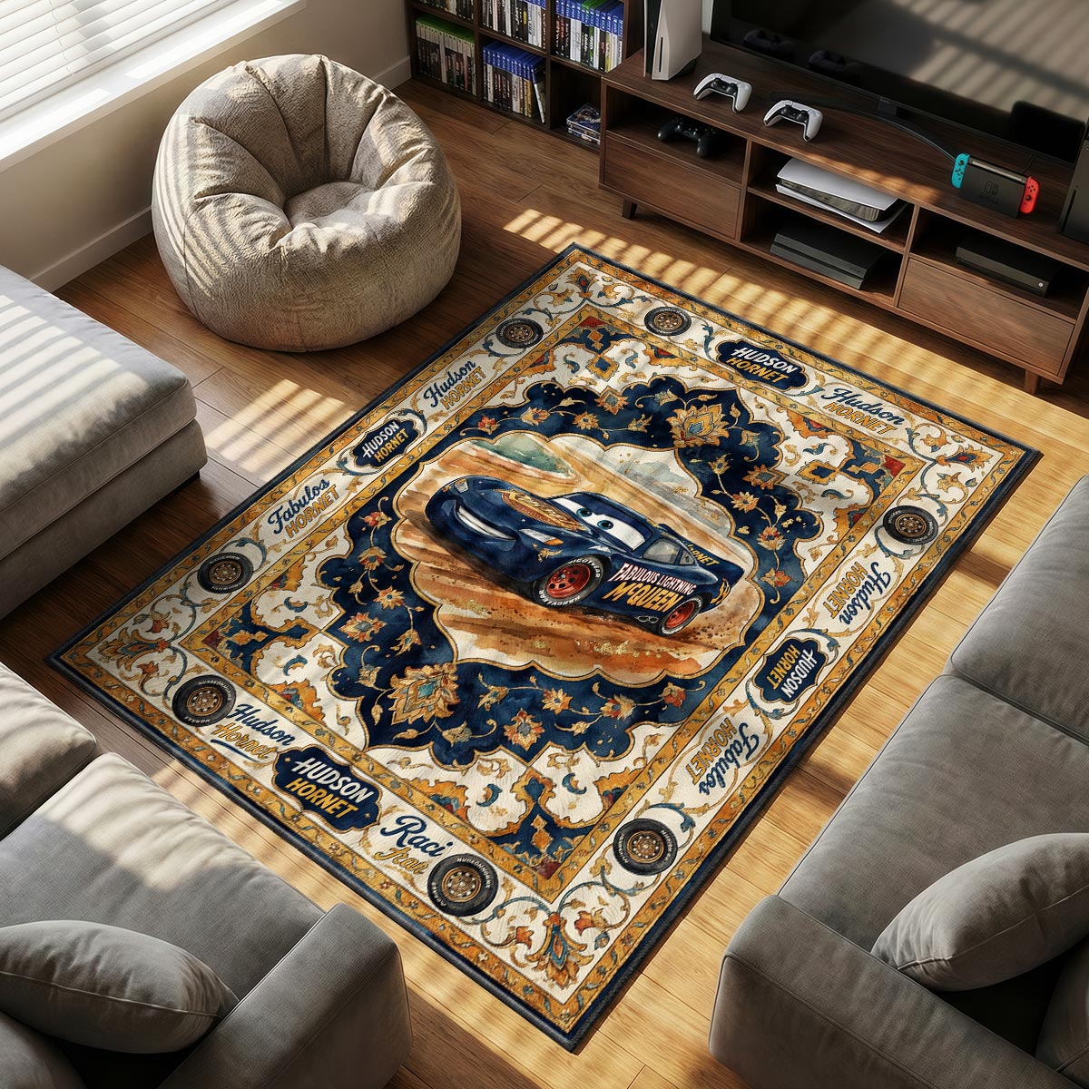 Close-up of Hudson Hornet area rug showing dirt track dust detail and navy dye-sublimation