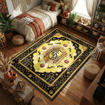Hufflepuff badger on a shield with crossed broomsticks and Quidditch balls watercolor art style movie themed area rug and home theater mat