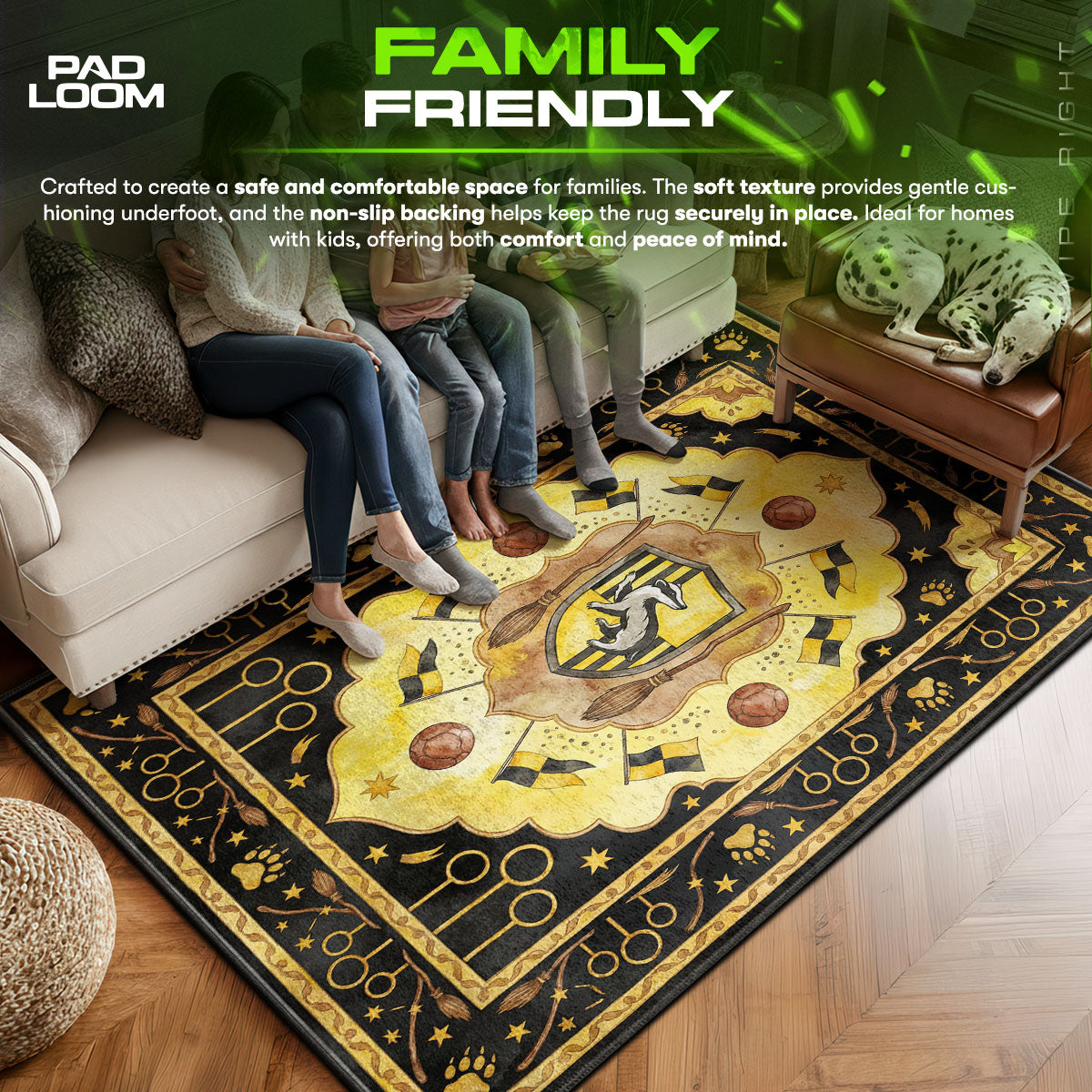 Hufflepuff area rug showing full home decor artwork