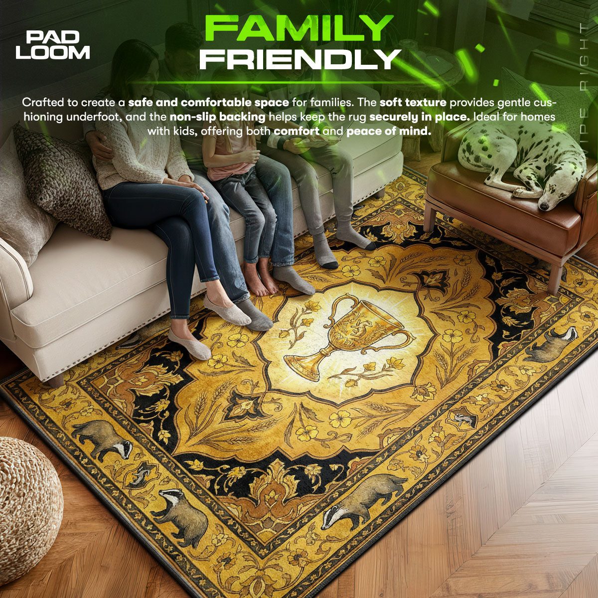 Hufflepuff area rug showing full Vintage artwork