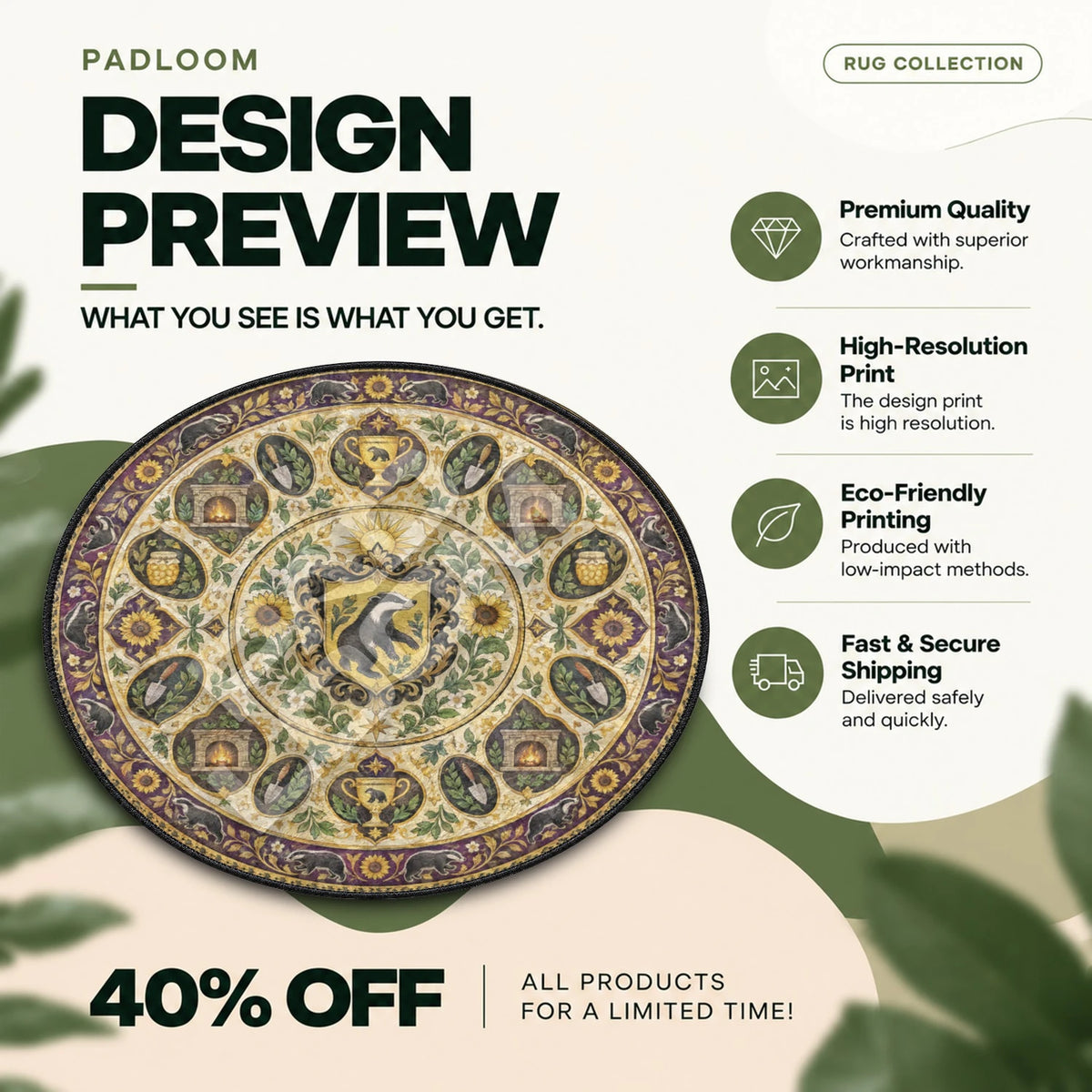Hufflepuff Sunflower Harry Potter round rug full design preview