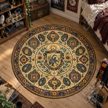 Hufflepuff Sunflower Harry Potter round rug on a bedroom floor - Harry Potter chair mat