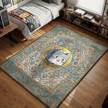 Huge Cat Pet Simulator character inside gold medallion on blue ornate Persian pattern gaming area rug and floor mat