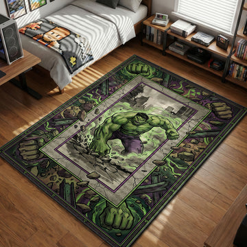Incredible Hulk smashing through concrete with green gamma energy in a comic book style gaming area rug and floor mat