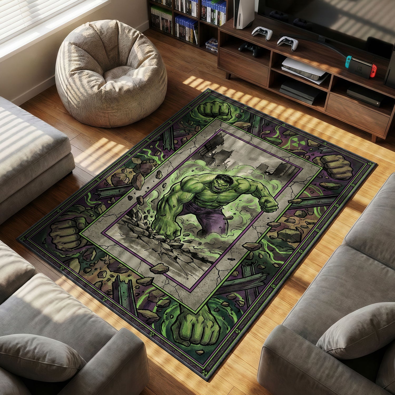 Hulk Gamma themed area rug for home decor fans