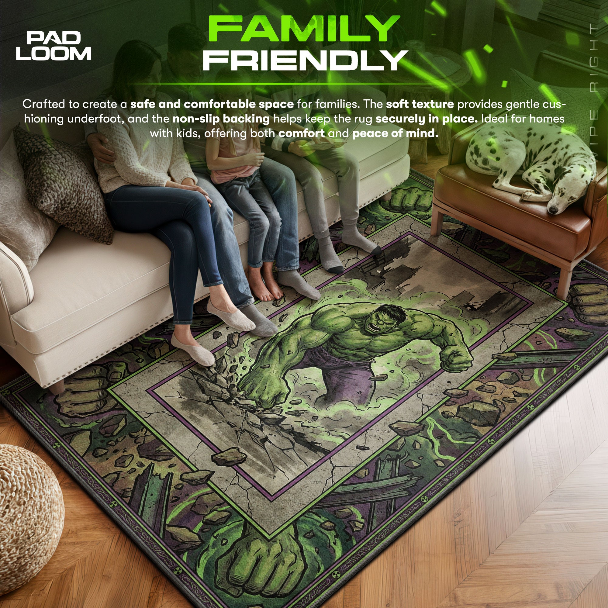 Hulk area rug showing full home decor artwork